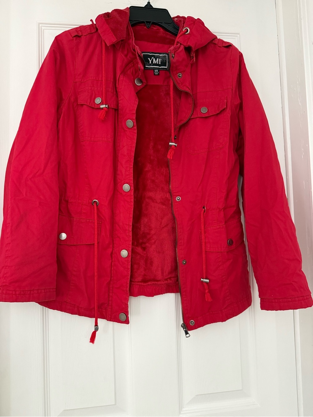 YMI Red Hooded Utility Jacket with Faux Fur Lining
